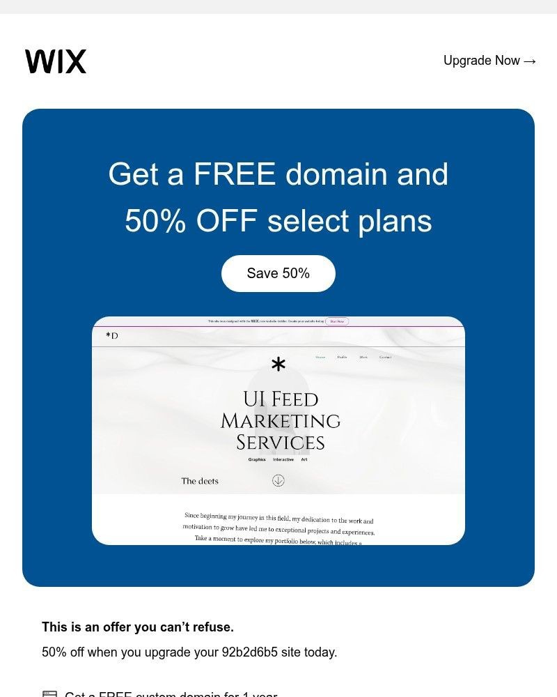 Screenshot of email sent to a Wix Registered user