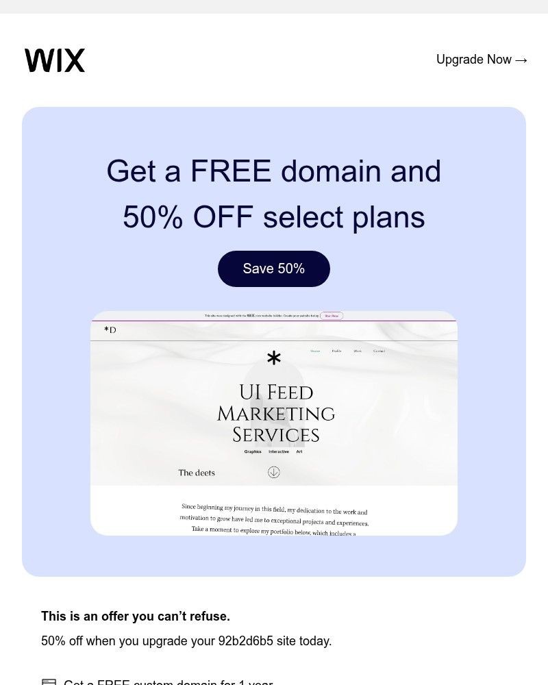 Screenshot of email sent to a Wix Registered user