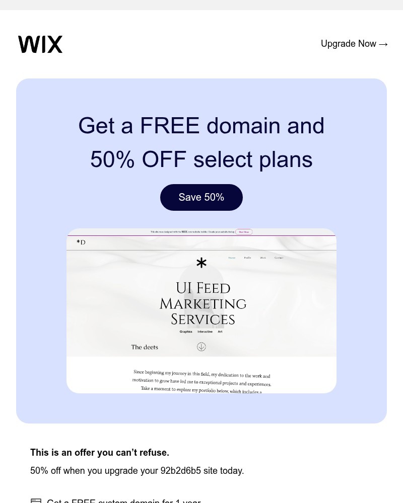 Screenshot of email sent to a Wix Registered user