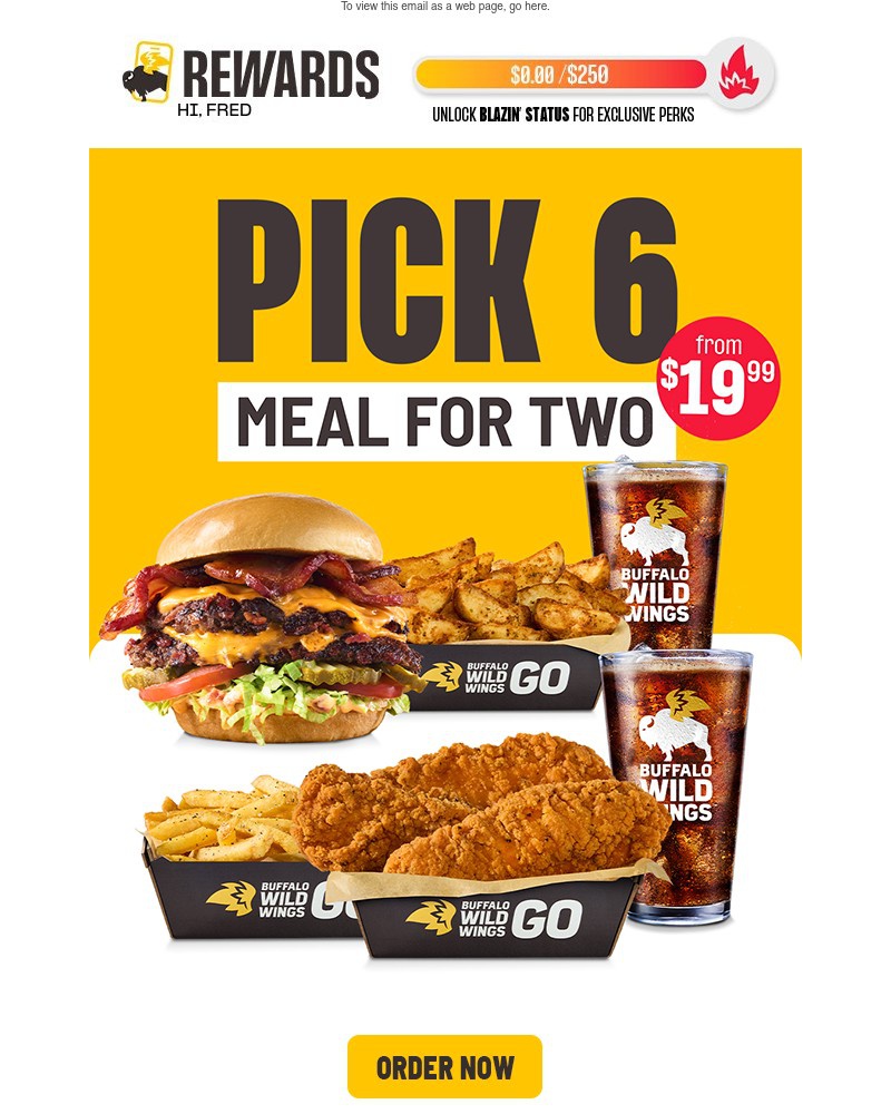 Screenshot of email sent to a Buffalo Wild Wings Registered user
