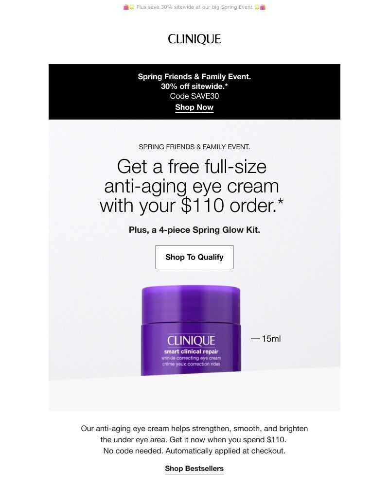 Screenshot of email sent to a Clinique Newsletter subscriber