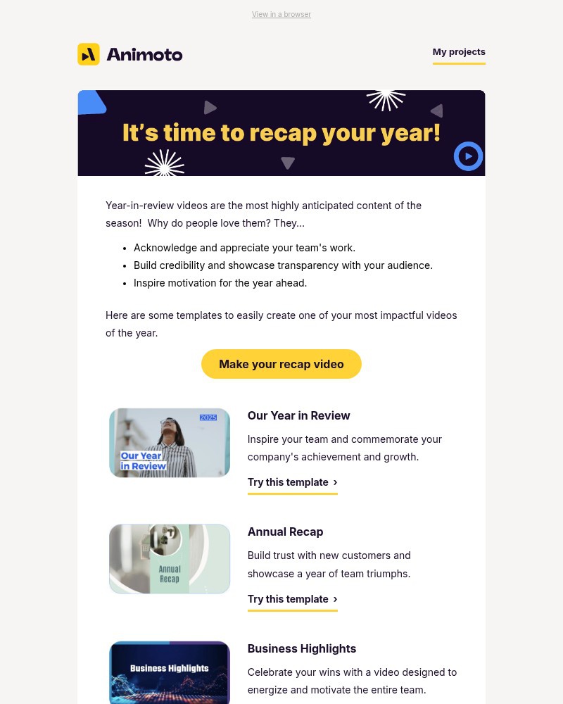 Screenshot of email sent to a Animoto Registered user