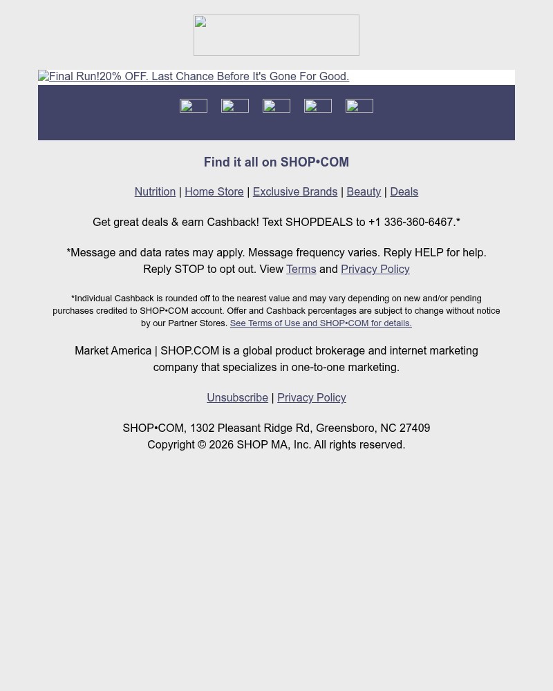 Screenshot of email sent to a Shop.com Newsletter subscriber