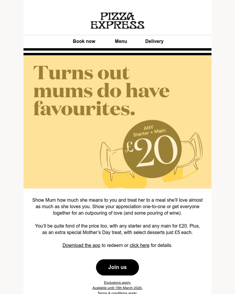 Screenshot of email sent to a Pizza Express Registered user