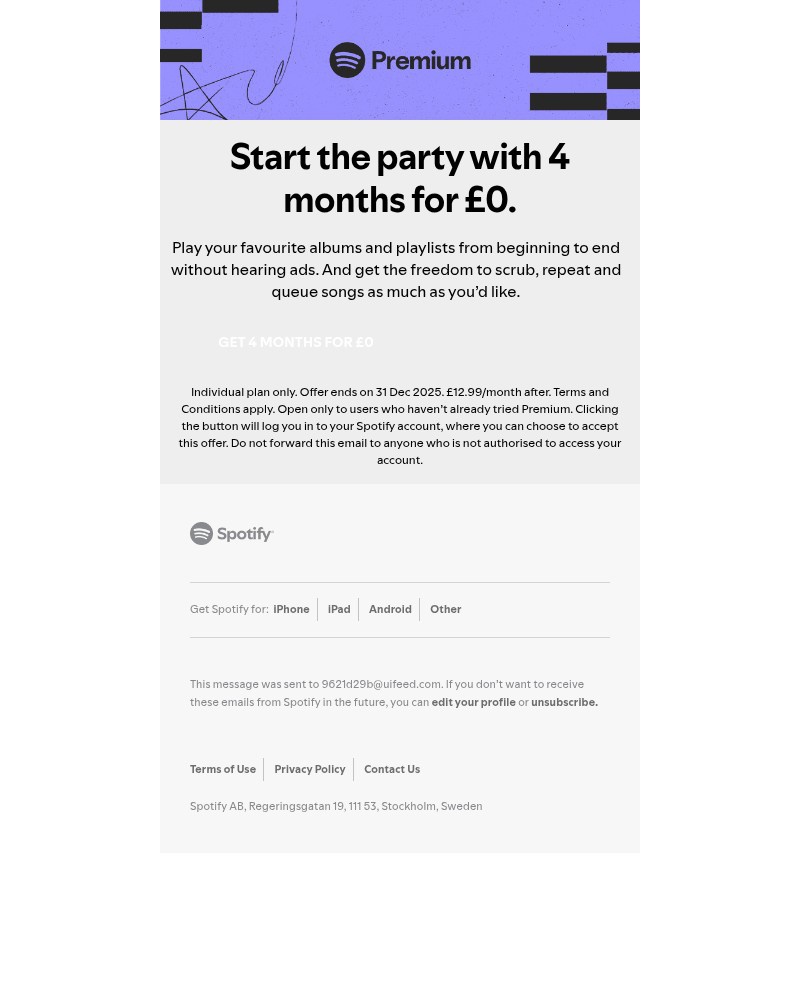 Screenshot of email sent to a Spotify Registered user
