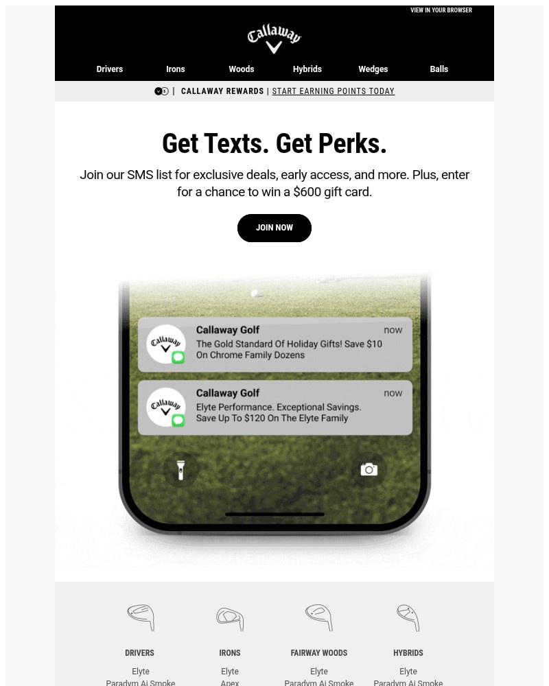 Screenshot of email sent to a Callaway Golf Newsletter subscriber