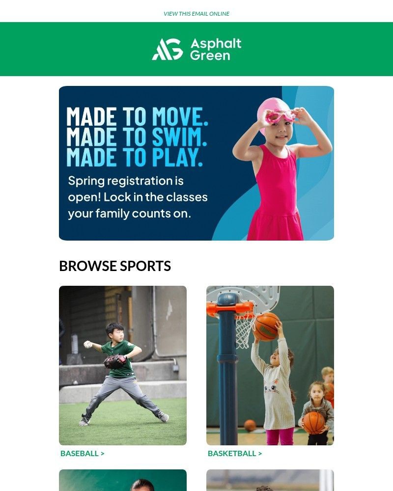 Screenshot of email sent to a Asphalt Green Newsletter subscriber