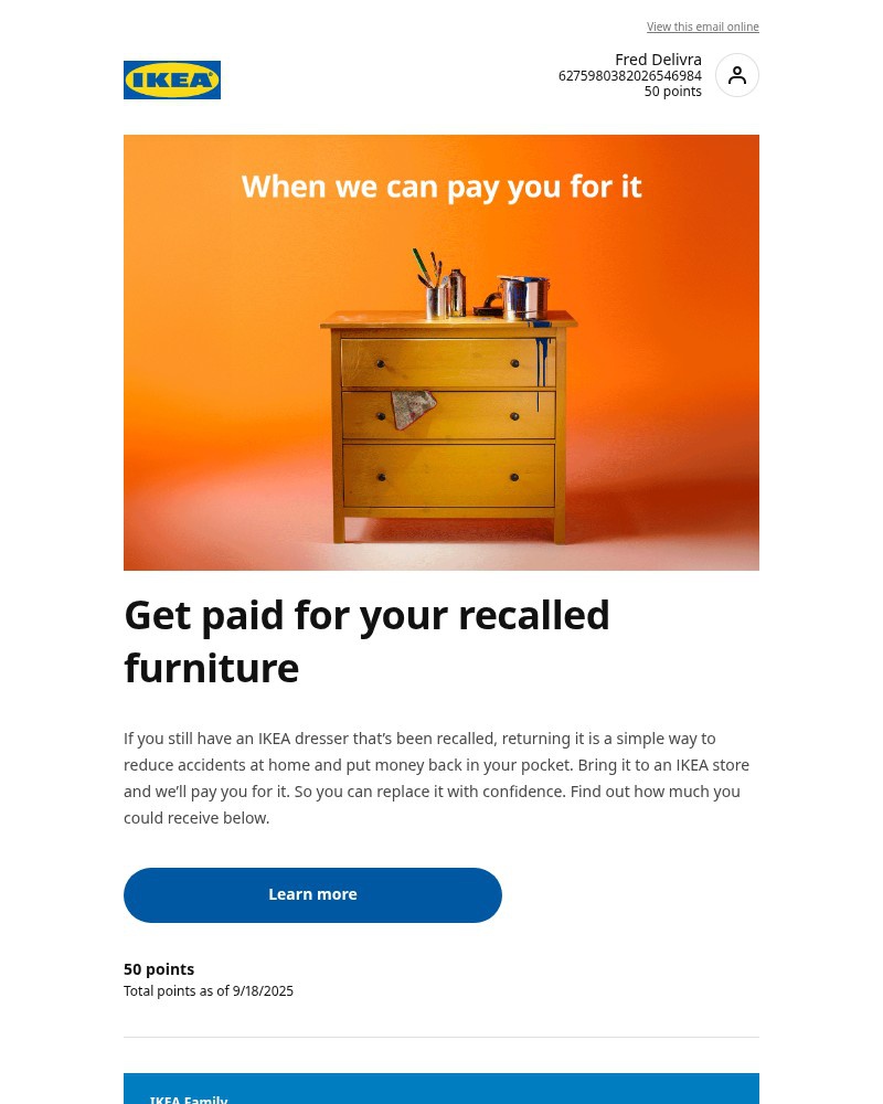 Screenshot of email sent to a Ikea Registered user