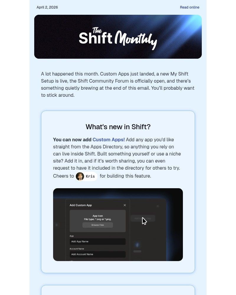 Screenshot of email sent to a Shift Newsletter subscriber