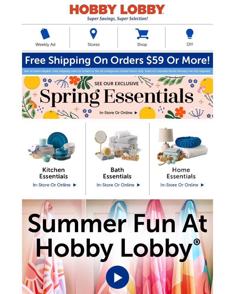 Screenshot of email sent to a Hobby Lobby Newsletter subscriber