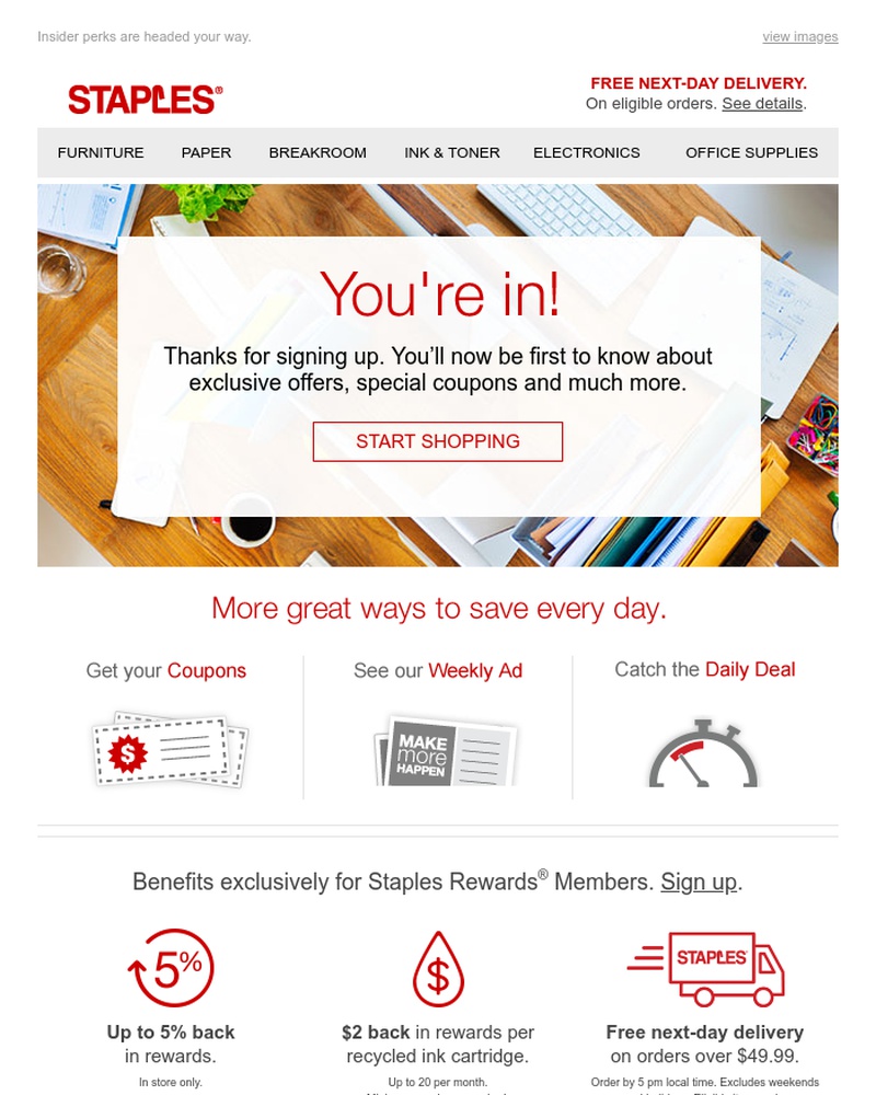 Screenshot of email sent to a Staples Newsletter subscriber