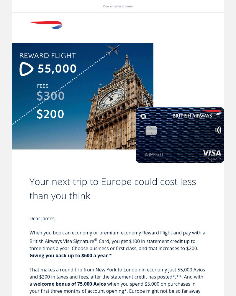 Screenshot of email sent to a British Airways Registered user