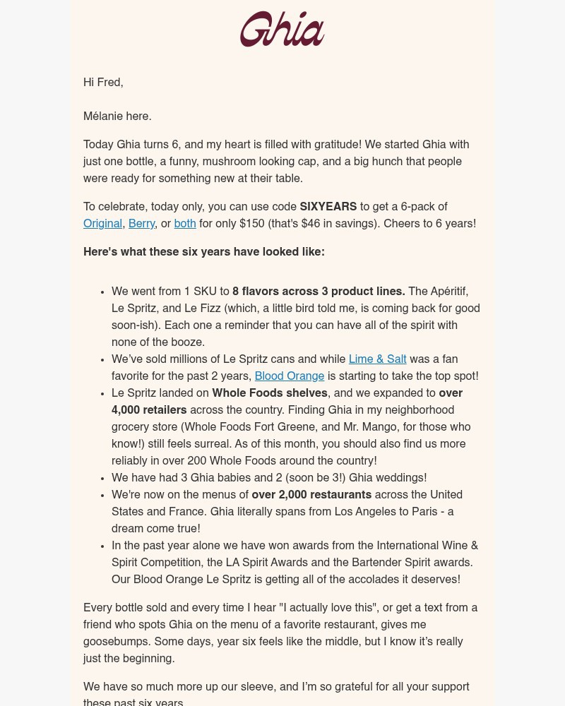 Screenshot of email sent to a Ghia Newsletter subscriber