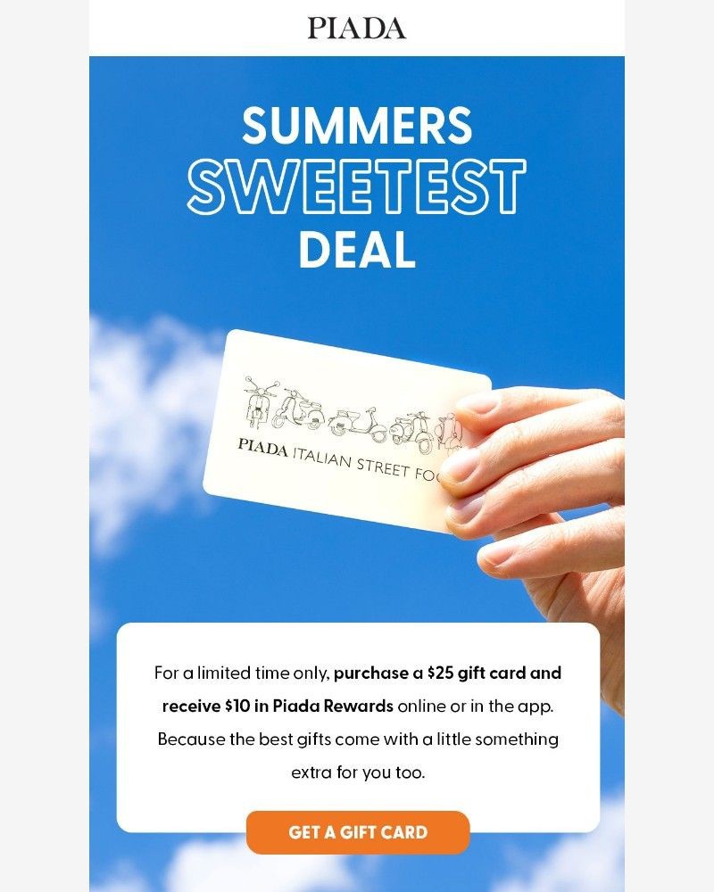 Screenshot of email sent to a Piada Italian Street Food Newsletter subscriber