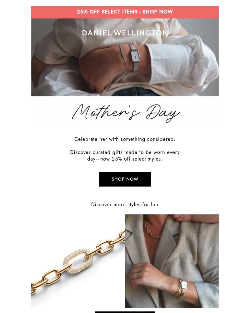Screenshot of email sent to a Daniel Wellington Newsletter subscriber