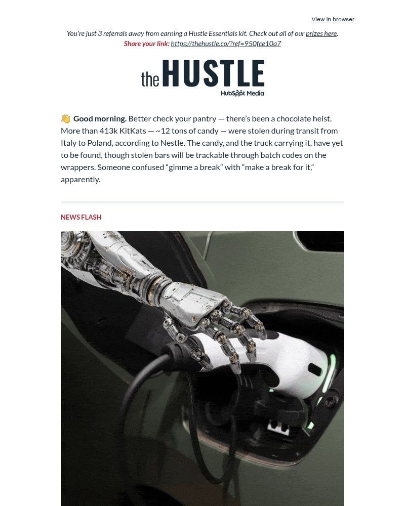 Screenshot of email sent to a The Hustle Newsletter subscriber