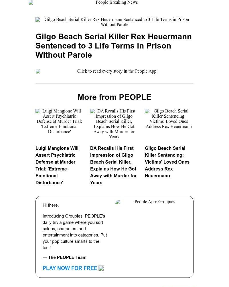 Screenshot of email sent to a People Newsletter subscriber