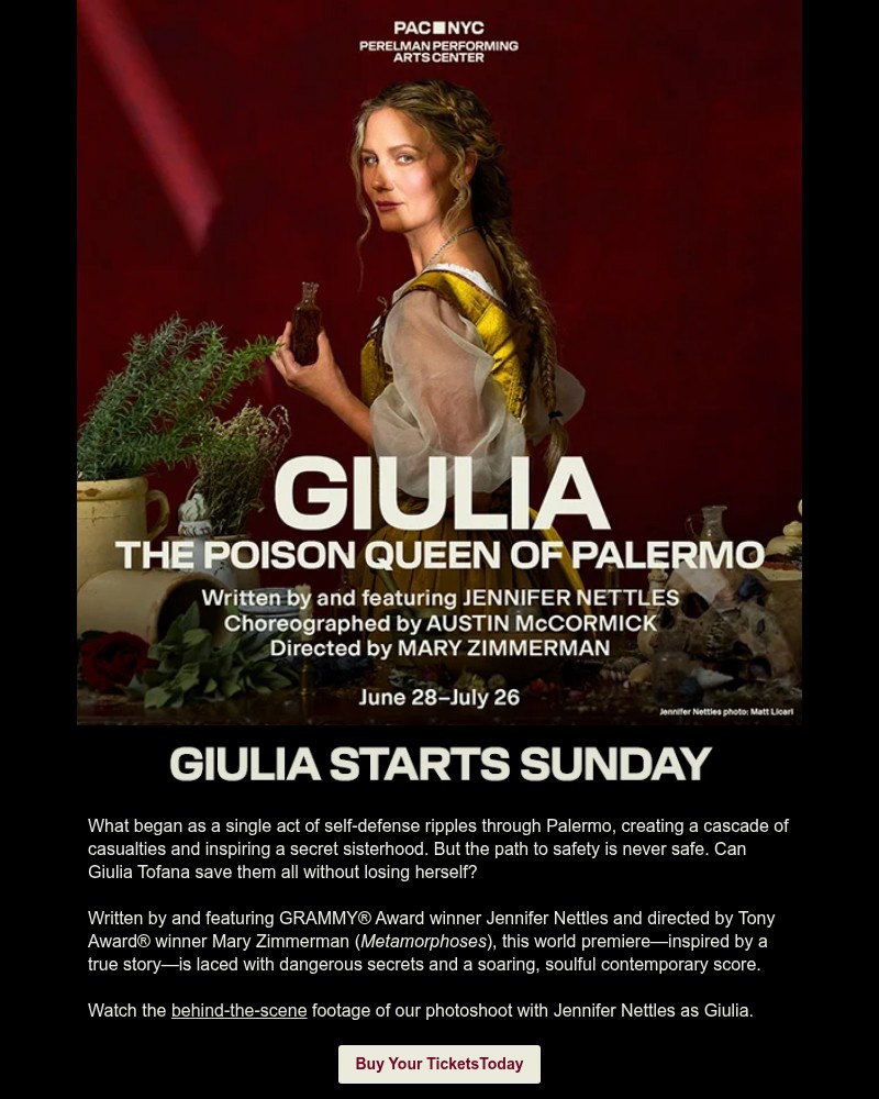Screenshot of email sent to a Perelman Performing Arts Center (PAC NYC) Newsletter subscriber