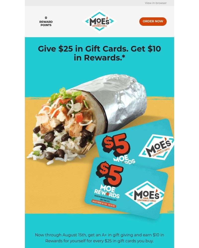 Screenshot of email sent to a Moe’s Southwest Grill Registered user