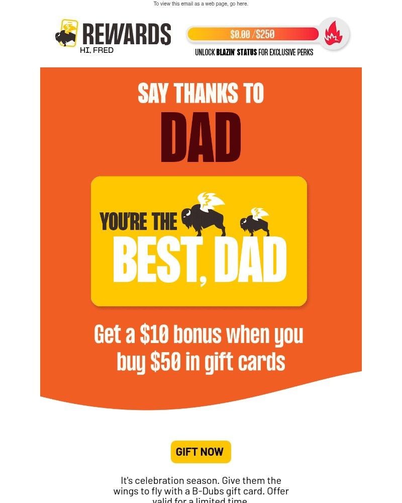 Screenshot of email sent to a Buffalo Wild Wings Registered user