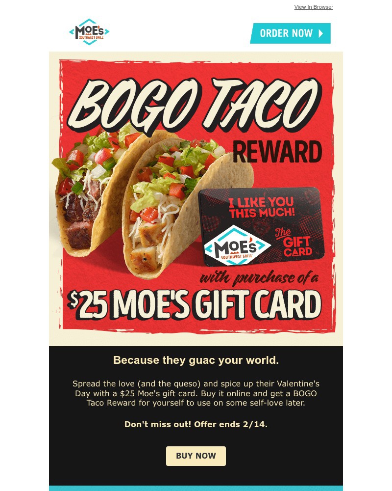 Screenshot of email sent to a Moe’s Southwest Grill Registered user