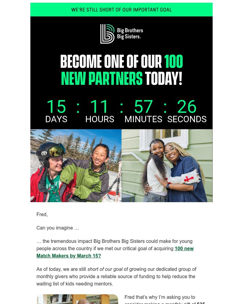 Screenshot of email sent to a Big Brothers Big Sisters of America Newsletter subscriber