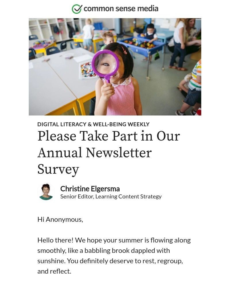Screenshot of email sent to a Common Sense Newsletter subscriber