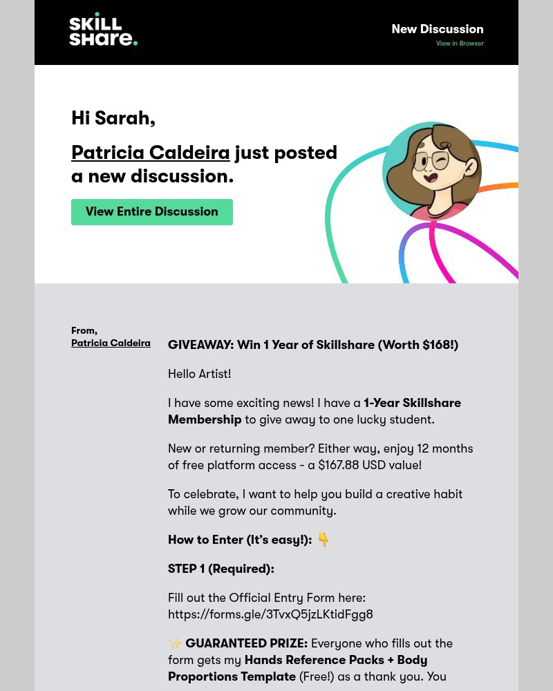 Screenshot of email sent to a Skillshare Registered user