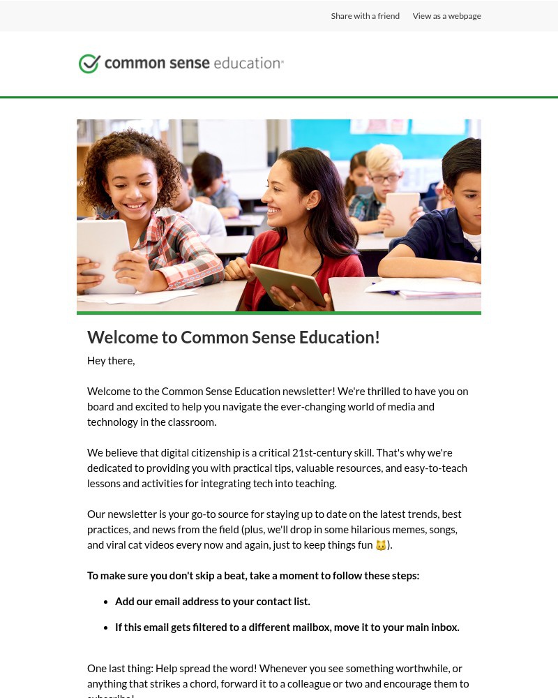 Screenshot of email sent to a Common Sense Newsletter subscriber