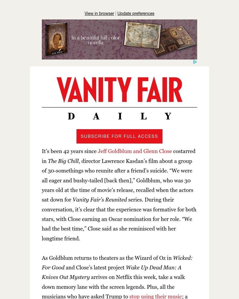 Screenshot of email sent to a Vanity Fair Newsletter subscriber