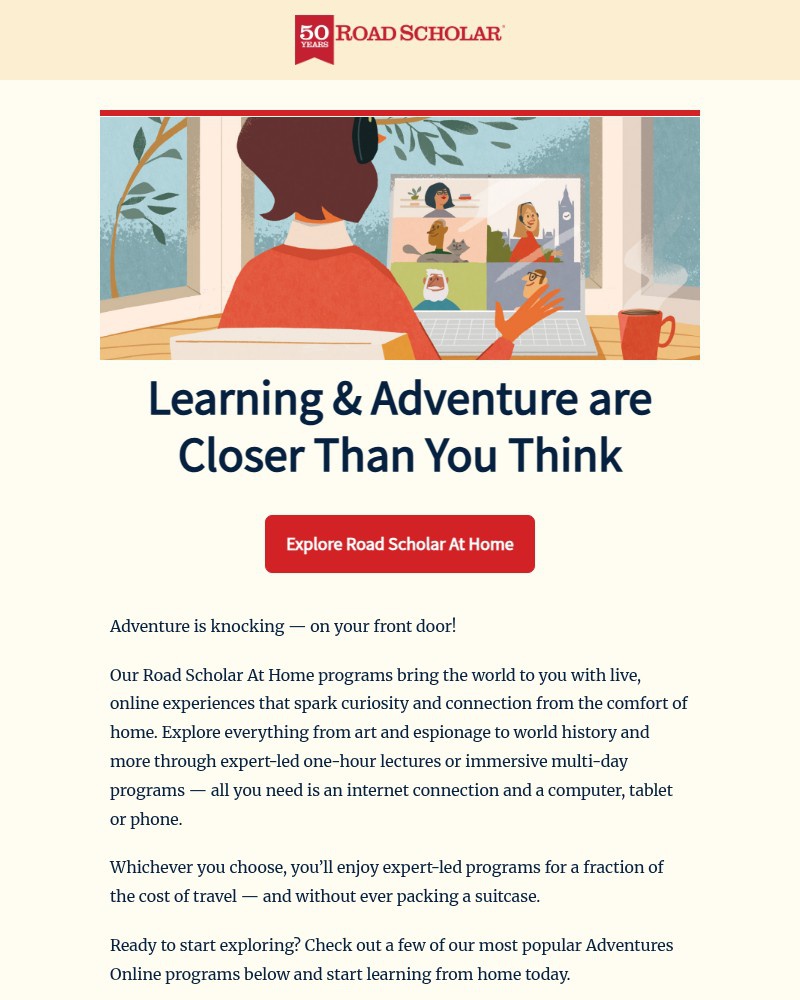 Screenshot of email sent to a Road Scholar Newsletter subscriber