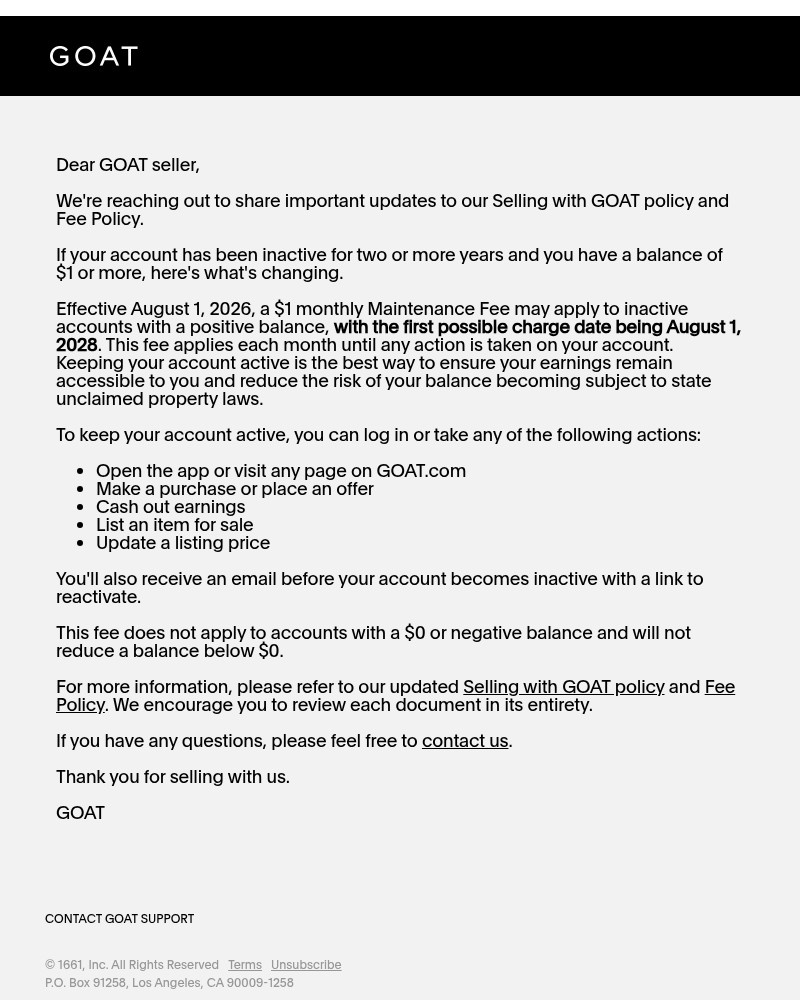 Screenshot of email sent to a Goat Registered user