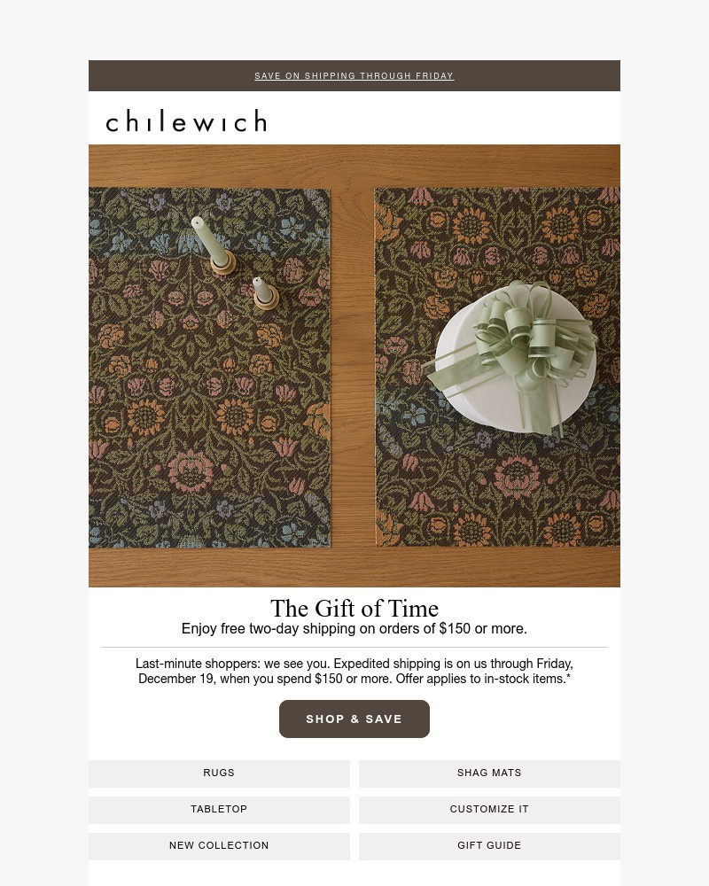 Screenshot of email sent to a Chilewich Newsletter subscriber