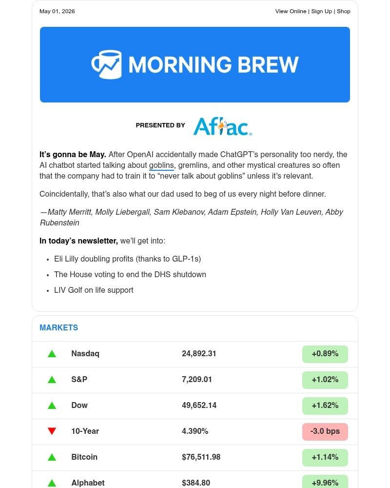 Screenshot of email sent to a Morning Brew Newsletter subscriber