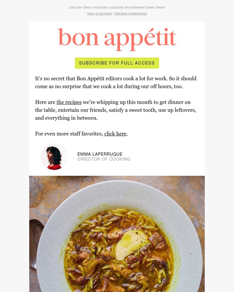 Screenshot of email sent to a Bon Appétit Newsletter subscriber