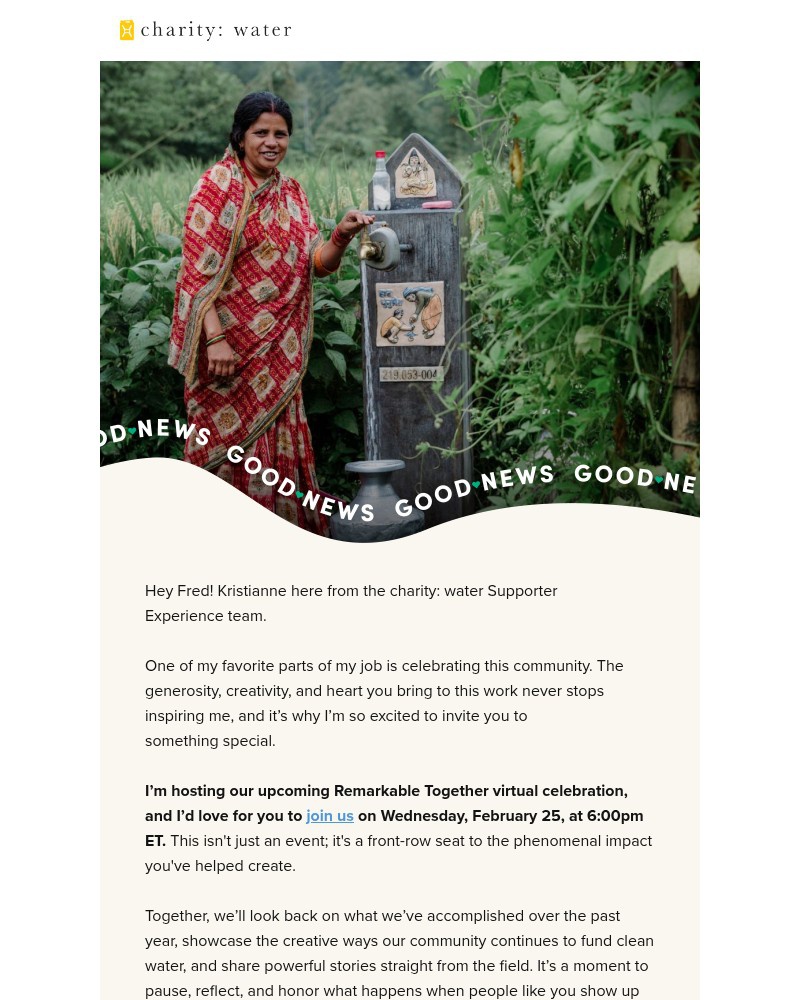 Screenshot of email sent to a Charity Water Newsletter subscriber