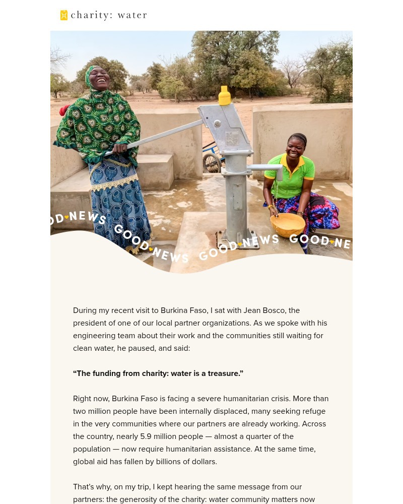 Screenshot of email sent to a Charity Water Newsletter subscriber