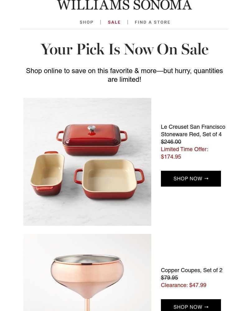 Screenshot of email with subject /media/emails/good-news-le-creuset-san-francisco-stoneware-bakeware-set-set-of-4-is-now-on-sale_YlFRbT8.jpg