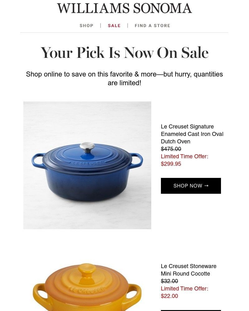 Screenshot of email with subject /media/emails/good-news-le-creuset-signature-enameled-cast-iron-oval-dutch-oven-is-now-on-sale-_PSTTWr2.jpg