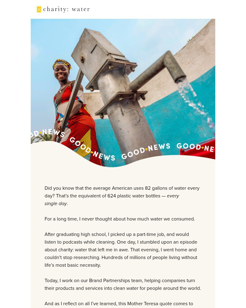 Screenshot of email sent to a Charity Water Newsletter subscriber