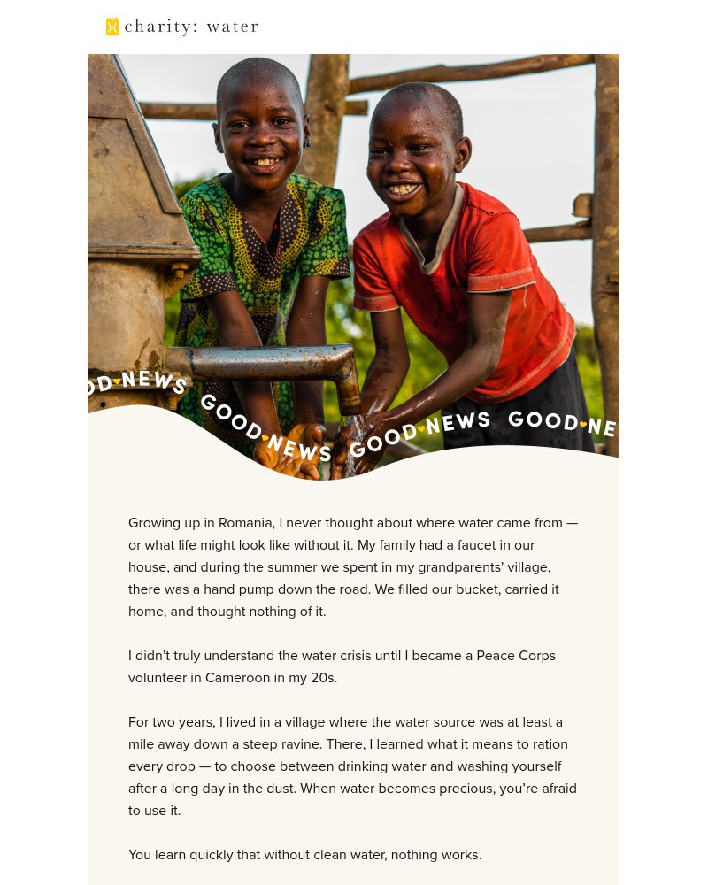 Screenshot of email sent to a Charity Water Newsletter subscriber