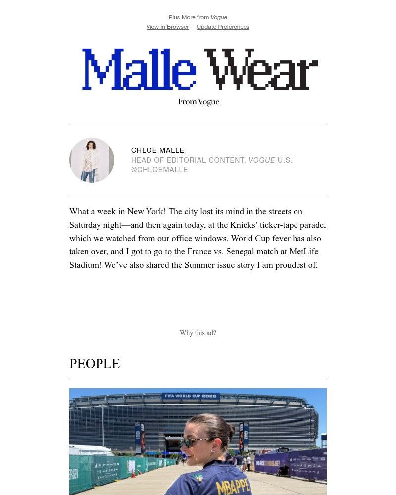 Screenshot of email sent to a Vogue Newsletter subscriber