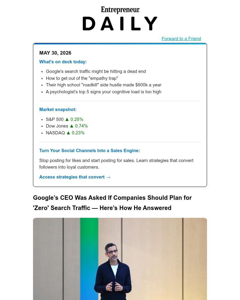 Screenshot of email sent to a Entrepreneur Newsletter subscriber
