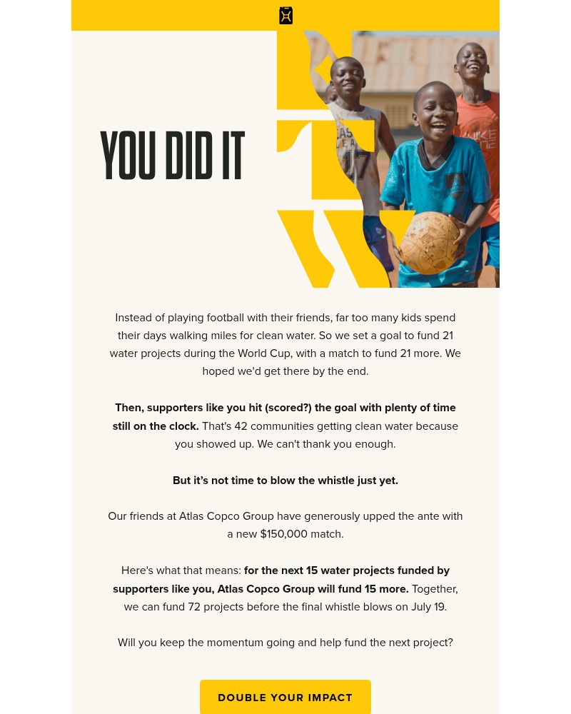 Screenshot of email sent to a Charity Water Newsletter subscriber