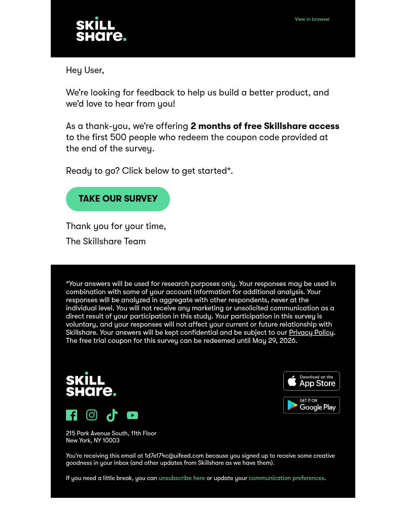 Screenshot of email sent to a Skillshare Cart abandoner