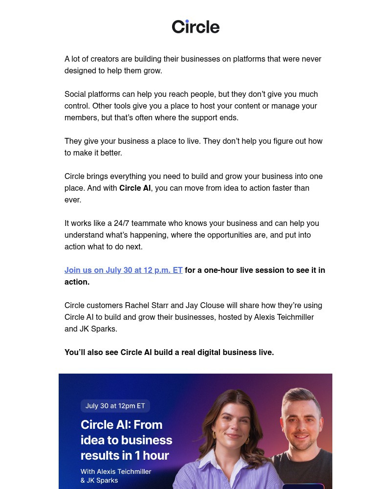 Screenshot of email sent to a Circle Registered user
