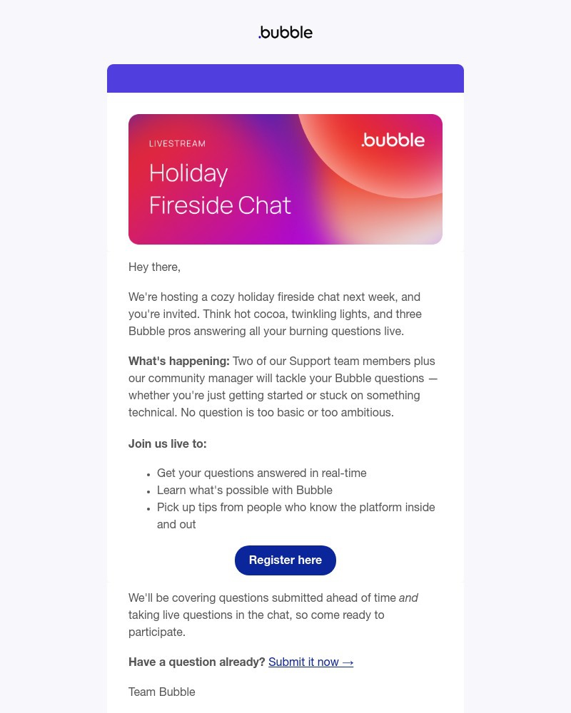 Screenshot of email sent to a Bubble Registered user