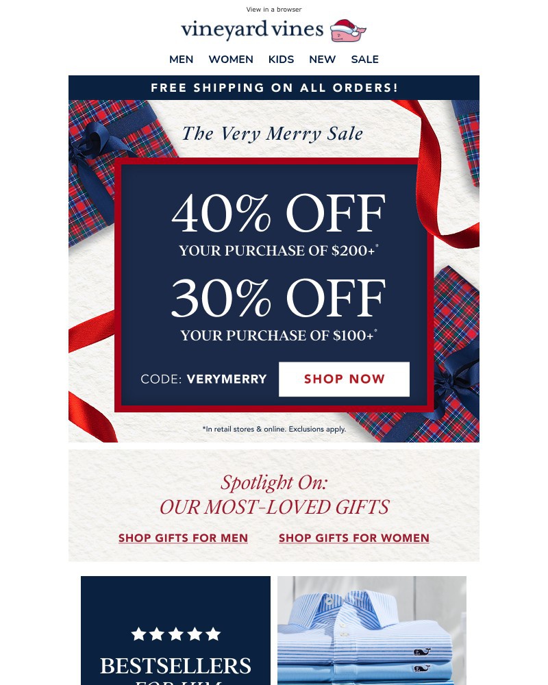 Screenshot of email sent to a Vineyard Vines Newsletter subscriber