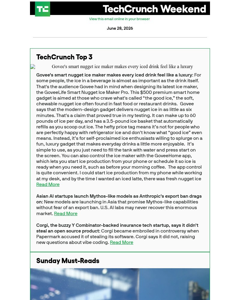 Screenshot of email sent to a Techcrunch Newsletter subscriber