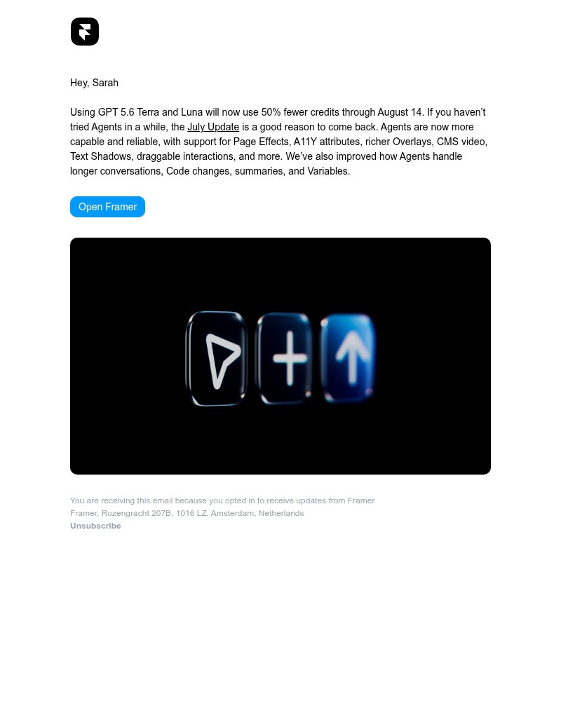Screenshot of email sent to a Framer Registered user